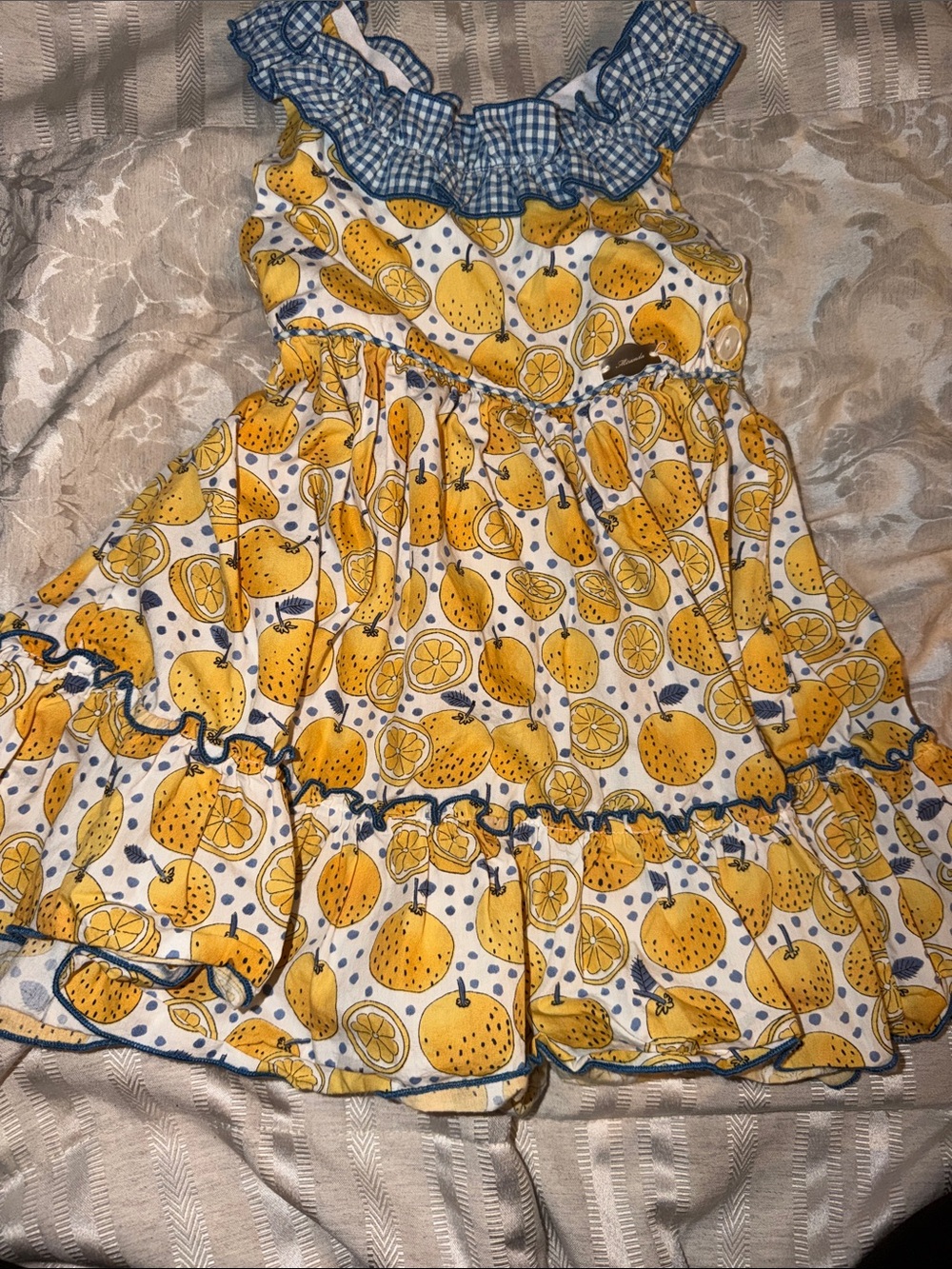 Girls Yellow Lemon Print Ruffle Sundress with Blue Gingham Trim